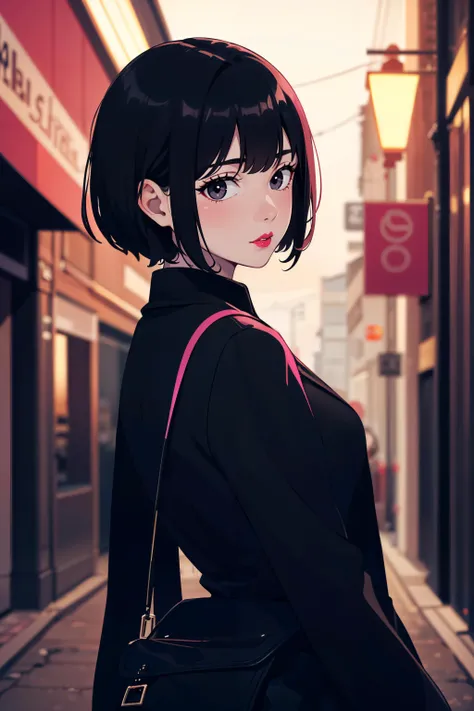 1girl, from back, pale skin, black hair, looking at viewer, black eyes, pink lips, blurry, outside, night, streets, dark colors, blurry, dark street, alone, solo, dark background,