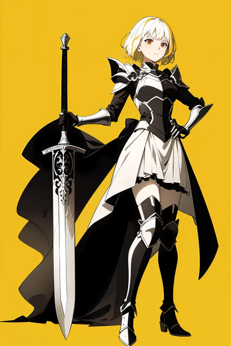 1girl, yellow_hair, red_eyes, yellow theme, monochrome, standing, dress armor, simple_background, yellow_background, looking away, holding sword, full body, closed mouth, from below,