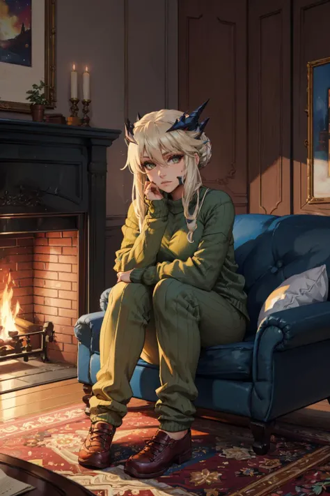 masterpiece, best quality, lancerAlter, green ribbed sweater, winter, house, fireplace, sweatpants, couch, looking at viewer, relaxing, tired <lora:lanceralter-nvwls-v1-000012:0.9>