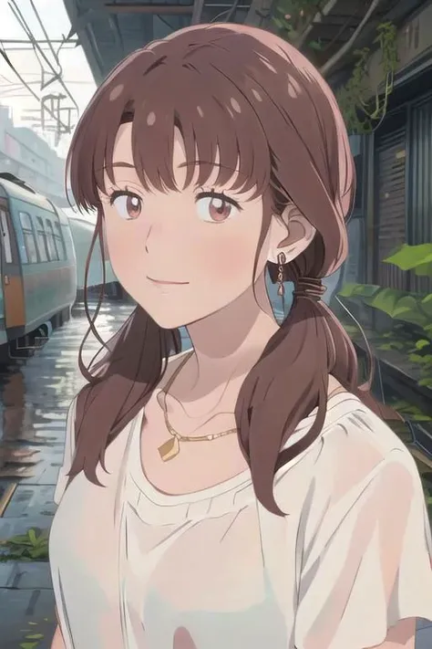 anime girl with long brown hair standing in front of train