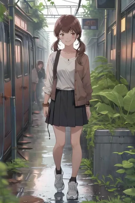 anime girl walking down a train track in a rain soaked station