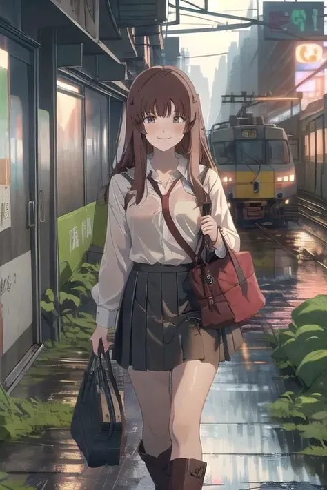 anime girl walking down a street with a red bag and a red purse