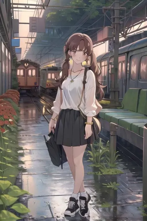 anime girl in a white shirt and black skirt standing in a train station