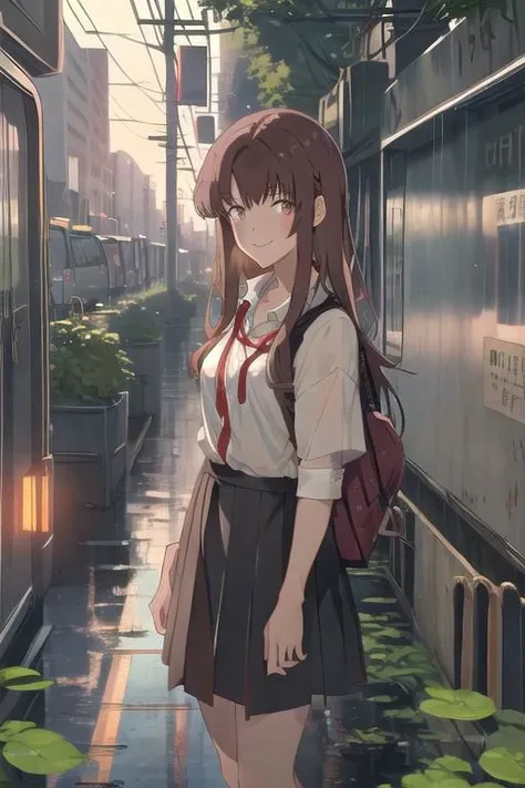 anime girl in school uniform standing in front of a train