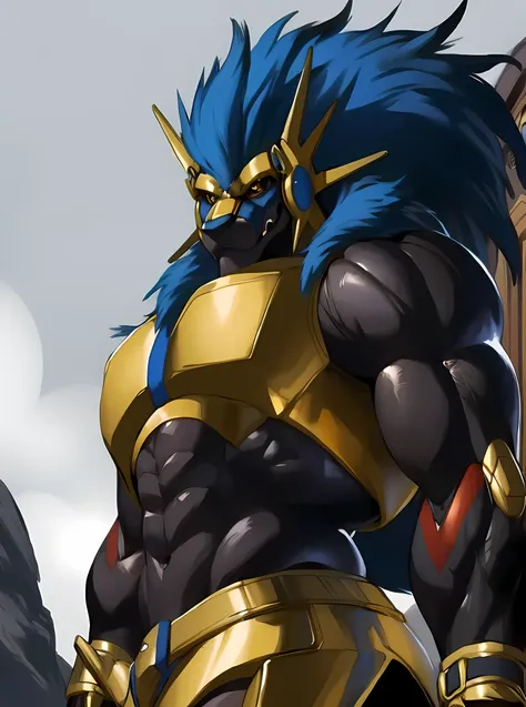 a close up of a man in a blue and gold outfit