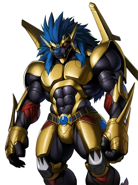 a cartoon image of a man with a blue hair and a gold armor