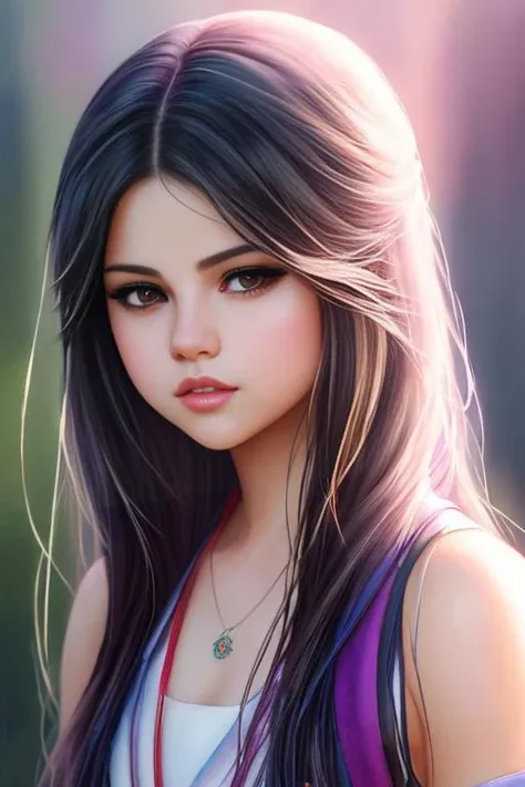 selenagomez is the queen of rainbow magic, anime Character Design, Unreal Engine, Beautiful, Tumblr Aesthetic,  Hd Photography, Hyperrealism, Beautiful Watercolor Painting, Realistic, Detailed, Painting By Olga Shvartsur, Svetlana Novikova, Fine Art