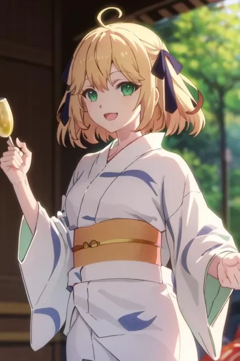 best quality, masterpiece, highres, solo, {yukata:1.40}, {kimono:1.20}, {anisphia_wynn_palettia_tenseioujototensaireijounomahoukakumei:1.15}, blonde_hair, green_eyes, bangs, short_hair, ribbon, hair_ribbon, ahoge, hair_between_eyes, smile, black_ribbon, bl...