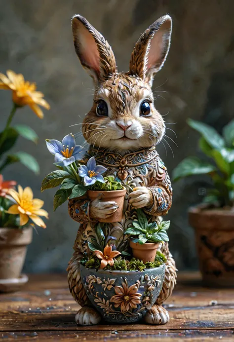 1 cute rabbit holding a flower pot, intricate details, 8K,     <lora:TQ_-_Miniature_Worlds_In_Bottles:0.8>