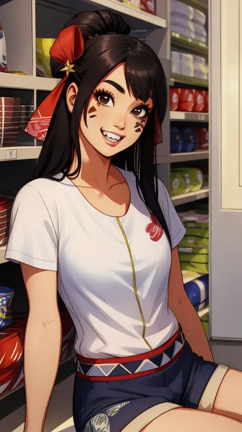 himiko, black hair, brown eyes, facial mark, teeth, long hair,
white shirt, shorts,
upper body, sitting,
sengoku period, store, solo, light smile,
(insanely detailed,masterpiece, best quality),<lora:himikoOR:0.8>,