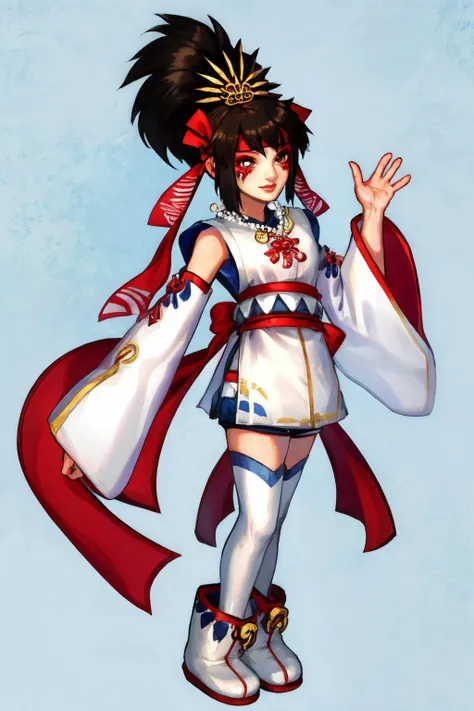 masterpiece, best quality, 1girl, solo, standing, himiko, short black hair, brown eyes, ponytail, facial mark, headband, hair ornament, blue thighhighs, boots, detached sleeves, white robe, necklace, shorts, red bow, white Japanese clothes, <lora:himiko-10...