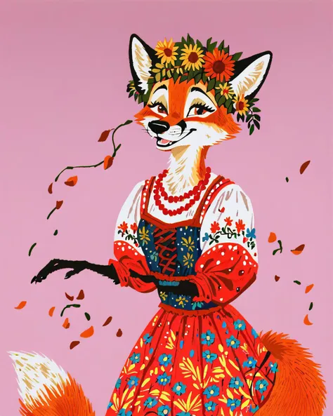 a painting of a fox wearing a dress and a flower crown