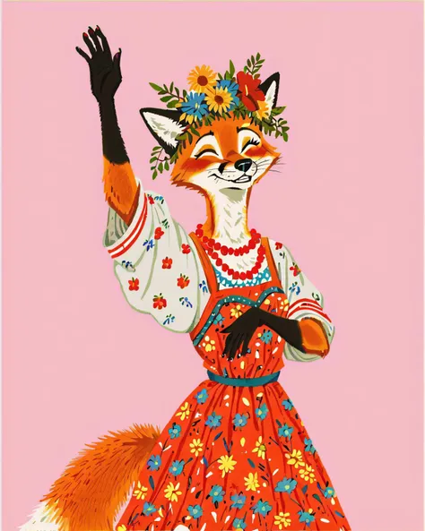 a painting of a fox in a dress and gloves