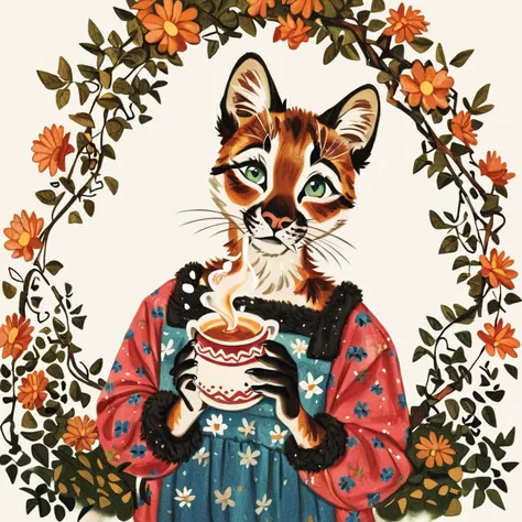 painting of a cat holding a cup of coffee in a floral frame