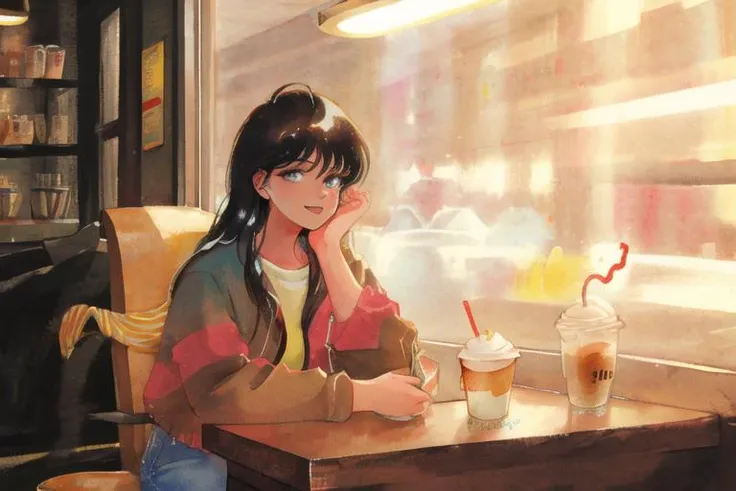 retro artstyle, watercolor, beautiful, masterpiece, best quality, detailed face, perfect lighting, 1girl, solo,cute beautiful woman , smile,closed mouth , long black hair, messy bangs, at the coffee shop,<lora:akemiTakada1980sStyle_1:0.5>