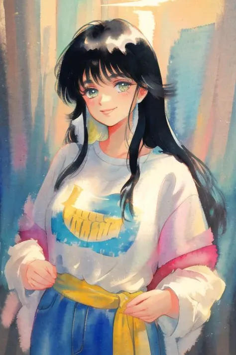 retro artstyle, watercolor, beautiful, masterpiece, best quality, detailed face, perfect lighting, 1girl, solo, beautiful woman , smile, hand touching cheek, long black hair, messy bangs,  <lora:akemiTakada1980sStyle_1:0.5>