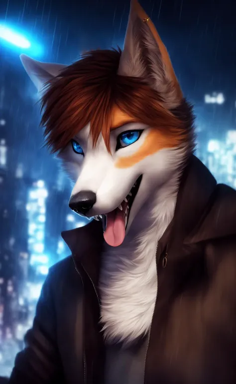 anthro, solo, mammal, piercing, city, hair, male, clothing, ear piercing, canine, canid, fur, blue eyes, detailed background, op...