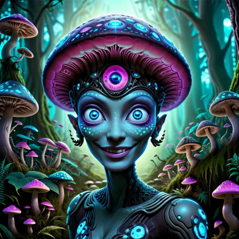 a close up of a woman with a mushroom hat on