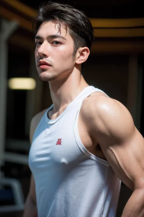 arafed man in a white tank top standing in a gym