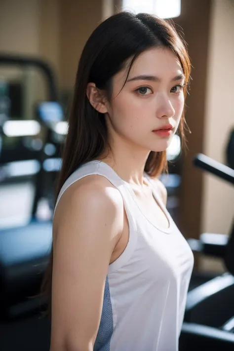 a woman in a white tank top is standing in front of a gym machine