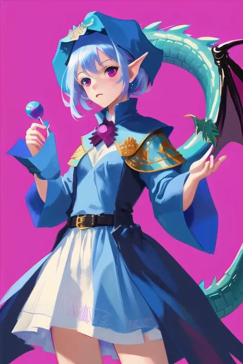 a girl in a blue dress holding a dragon and a candy