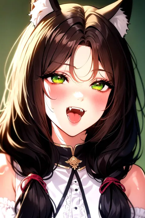 masterpiece, best quality, manhwa-artstyle, 1girl, solo, long hair, blush, smile, open mouth, brown hair, animal ears, green eyes, fang, animal ear fluff, fangs, wolf ears, portrait, <lora:manhwa-artstyle-000025:0.6>