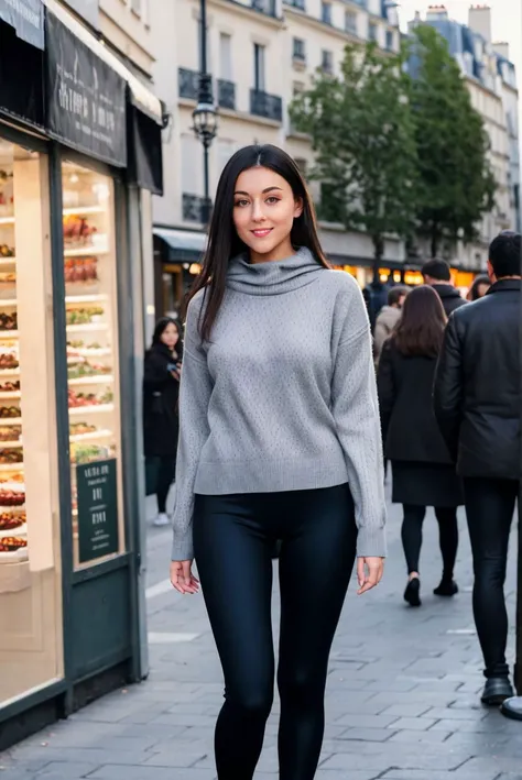 A full color portrait of a beautiful woman wearing a grey woolen sweater with black leggings,on a busy pedestrian street in Paris,dark hair, epic character composition,by ilya kuvshinov, alessio albi, nina masic,sharp focus, subsurface scattering, f2, 35mm...