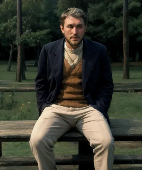 <lora:Andrei_Tarkovsky_Style-20:1> by_andrei_tarkovsky, a man sitting on a park bench, short beard