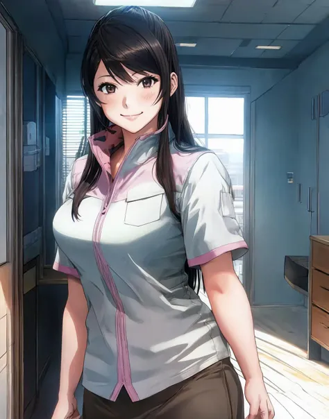 anime girl in a short sleeved shirt and brown pants