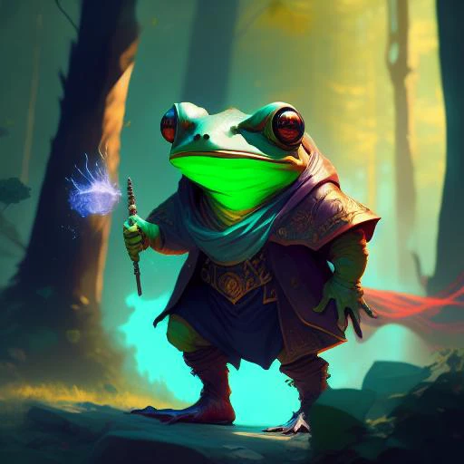 a wizard frog in a blue wizard robe with a potion, casting a fireball in the sky, in a forest full of colorful trees, magic the gathering artwork, D&D, fantasy, cinematic lighting, centered, symmetrical, highly detailed, digital painting, artstation, conce...