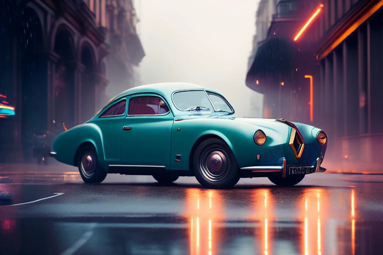 Digital photo of car on the empty parking slot, 1950s Renault Ondine, heavy rain,  on aesthetic light glow in the cloudy sky, neon sign in the dark night, winter night, falling snow, foggy night , strong rim lighting, soft contrasted, thunder lightning in ...