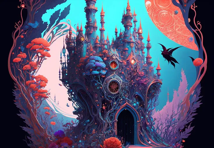 abstract fantasy castle, Beautiful Psychedelic Trippy Neon Intricate Detailed Elaborate, Art Peter Max, Android Jones Fantasy Art, Intricate Detailed Elaborate Colorful Flower Power Art, Fantasy Concept Art, Beautiful, Art Nouveau, Digital Painting, Matte ...