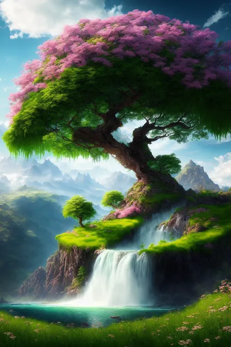 beautiful tree, 8k, trending, highly detailed hyper realistic,dreamlikeart tree of live,grass, waterfalls, sky, floating island, fantasy, landscape, full tree