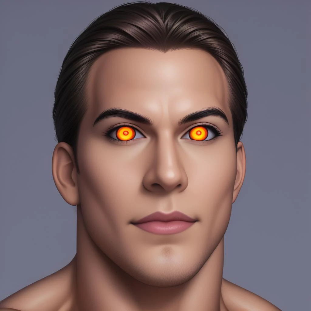 a close up of a man with orange eyes and a black shirt