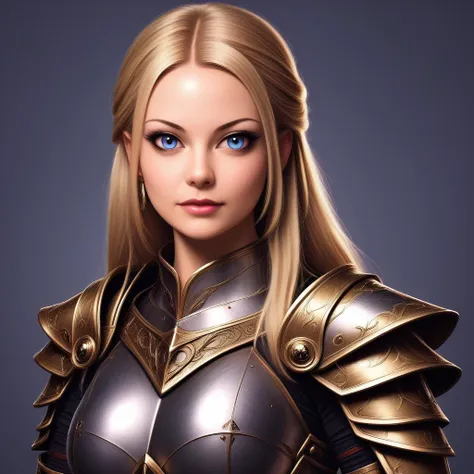 a woman in armor with blue eyes and a gold armor