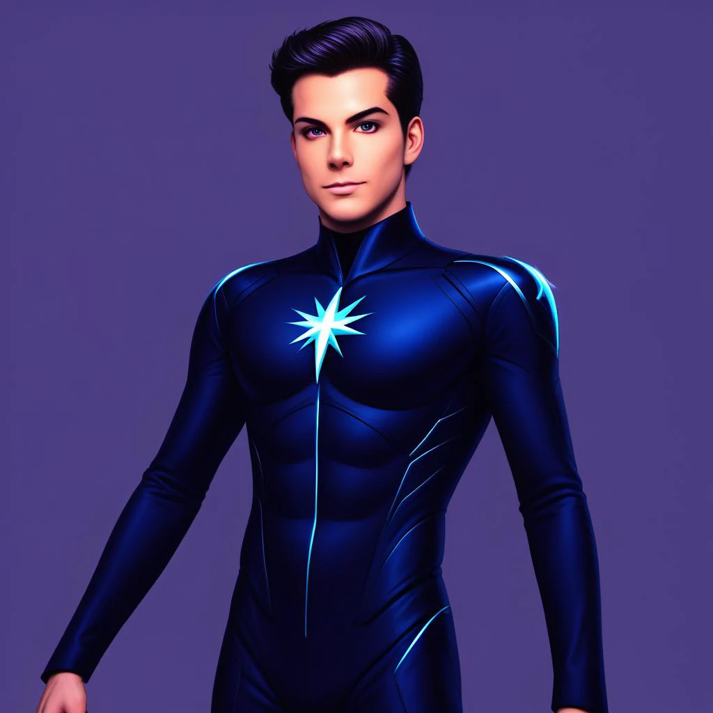 a close up of a person in a blue suit with a star on it