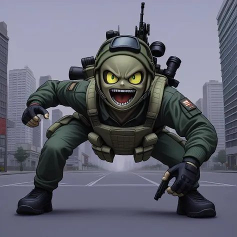 a cartoon image of a man in a military outfit with a gun