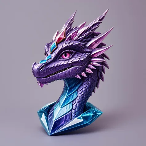 a close up of a purple and blue dragon head on a gray background