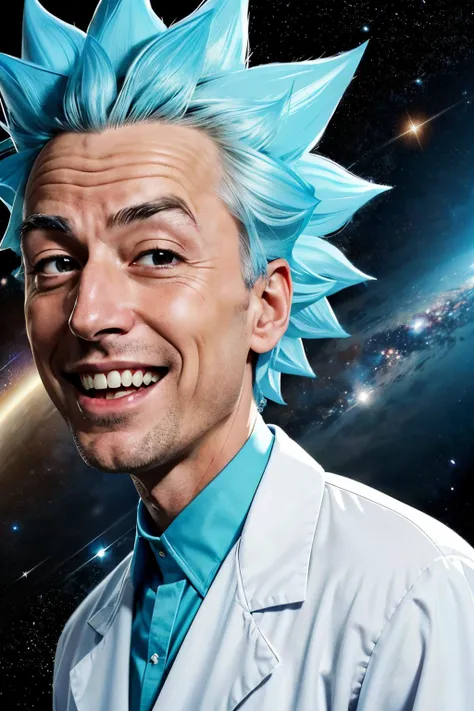 rick sanchez,black eyes, blue hair, labcoat,looking at viewer, smiling, close up, outside, space, stars, galaxy,  high quality, masterpiece <lora:rick:.6>