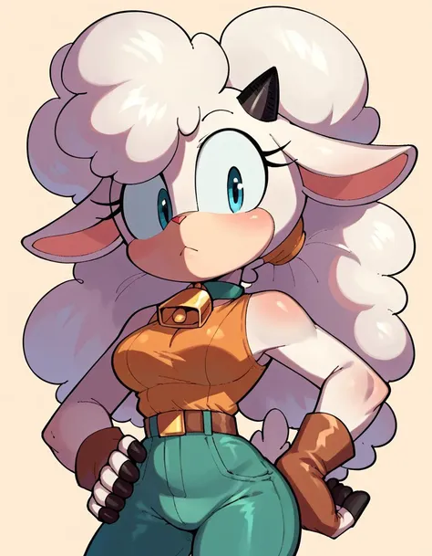 a cartoon drawing of a sheep with a big nose and a short skirt