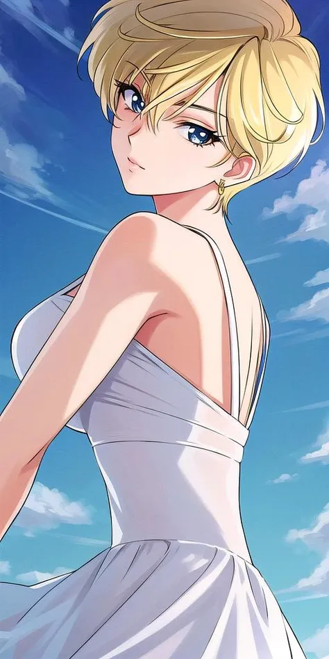 a close up of a woman in a white dress with a sky background