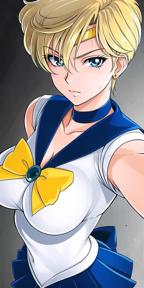 a close up of a woman in a sailor suit with a bow