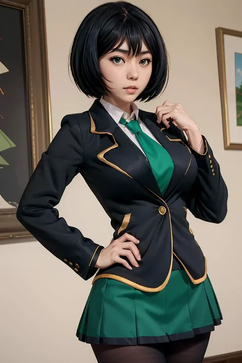 (masterpiece, best quality),  <lora:sakurada-nvwls-v1:1> sakurada, black blazer, black jacket, long sleeves, green necktie, green skirt, black pantyhose,