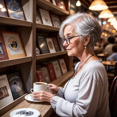 old woman with gray eton crop hair, with a in love expression, looking at a crowd of kids outside a 70s style quaint record cafe...