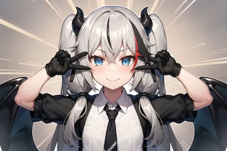 <lora:EmoEng-10:1>, <lyco:GoodHands-beta2:1.0>
EmoEng, EmoEng, 1girl, solo, hair between eyes, (((gray hair:1.3))), blue eyes, very long hair, (uneven twintails), (black streaked hair:1.4), petite, small chest, dragon girl, dragon wings, double v, sparkle,...