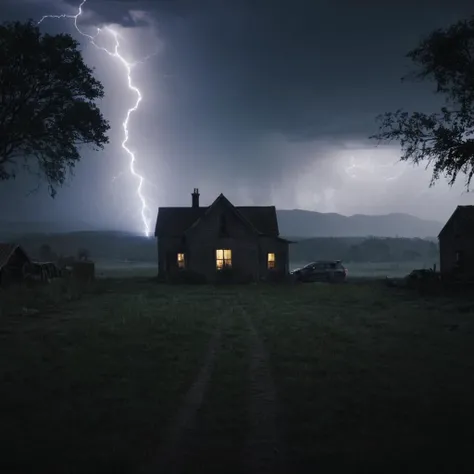 cinematic film still of  <lora:LoDe+Ro style:1>
a small house with a lightning bolt coming out of it,outdoors,blurry,tree,no humans,grass,ground vehicle,building,scenery,motor vehicle,electricity,car,house,bare tree,lightning,LoDe+Robots Style,Love Death +...