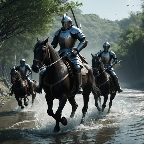 professional 3d model of  <lora:LoDe+Ro style:1>
a group of knights riding horses through a river,holding,weapon,multiple boys,sword,water,holding weapon,tree,ocean,holding sword,katana,machinery,turret,battle,japanese armor,splashing,waves,fubuki (kancoll...