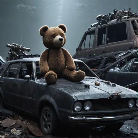 professional 3d model of  <lora:LoDe+Ro style:1>
a teddy bear sitting on the hood of a wrecked car with a broken window and a skeleton inside,multiple boys,ground vehicle,motor vehicle,dog,realistic,LoDe+Robots Style,Love Death + Robots style,Love,Death & ...