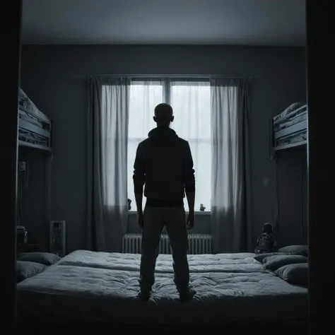 cinematic film still of  <lora:LoDe+Ro style:1>
a man standing in a room with a bed and a window,1boy,monochrome,male focus,multiple boys,pants,indoors,from behind,pillow,window,bed,curtains,bald,LoDe+Robots Style,Love Death + Robots style,Love,Death & Rob...