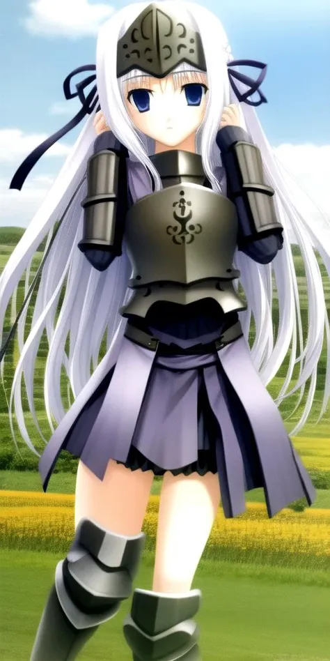 (((ultra-high-definition, ultra-human-realistic, the-person-in-question))) 1girl, outdoors  <lora:eucliwood_hellscythe:1> little-child-eucliwood hellscythe, long hair, blue eyes, ribbon, visor (armor), hair ribbon, armor, white hair, very long hair, gauntl...